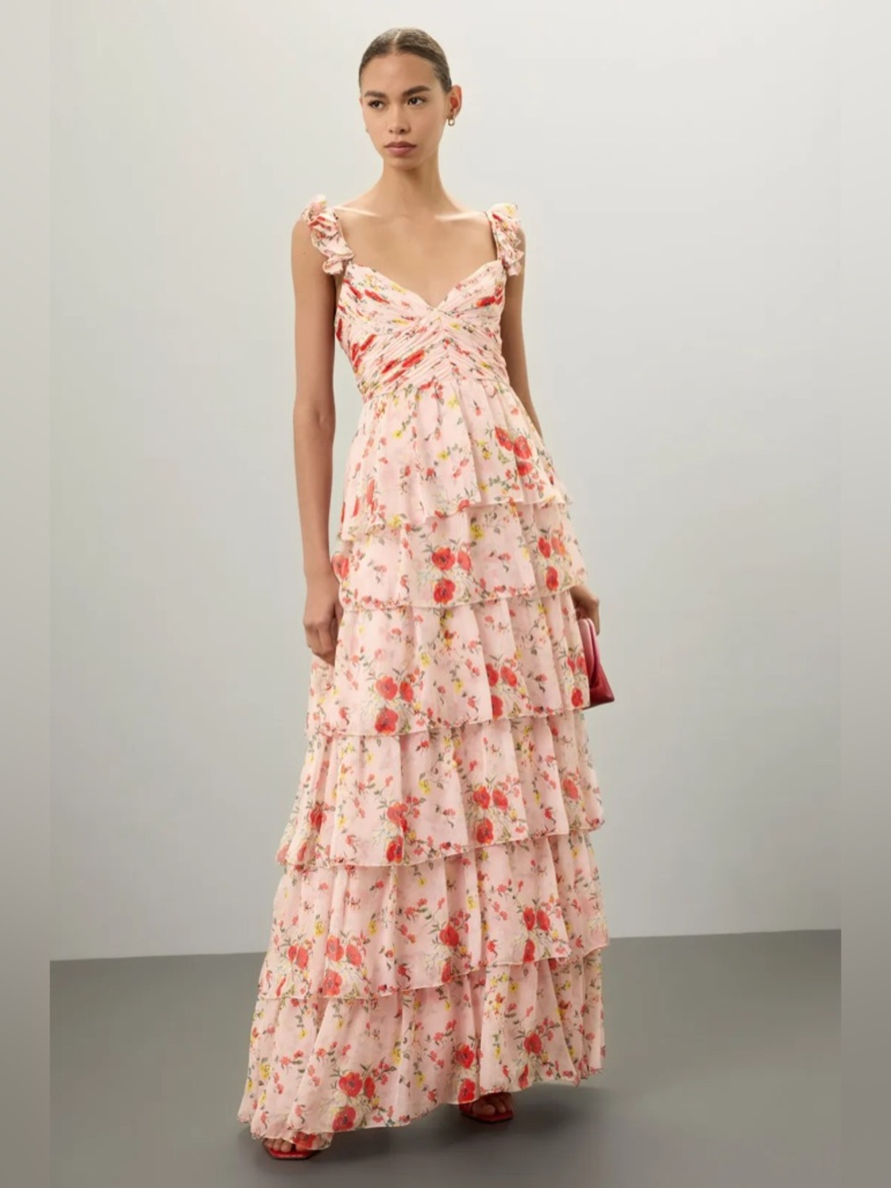 Ieena Mac Duggal pink floral ruffle gown